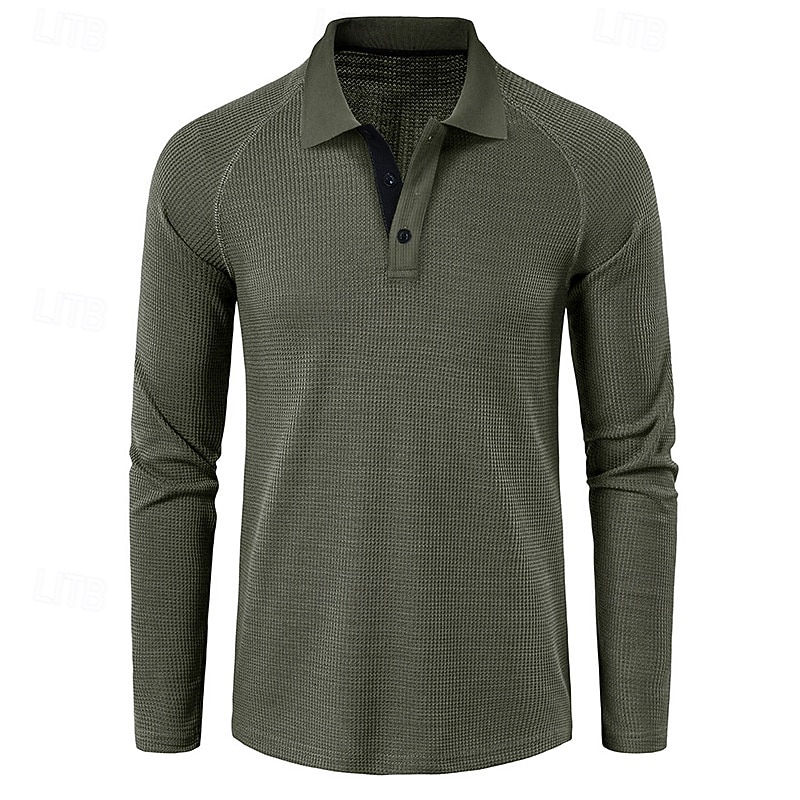Men's Golf Polo Waffle Knit Polo Shirt Business Casual Ribbed Polo Collar Long Sleeve Fashion Basic Solid Color Knitting Fall Winter Regular Fit Dark Grey Black Army Green Navy Blue Light Grey Golf3