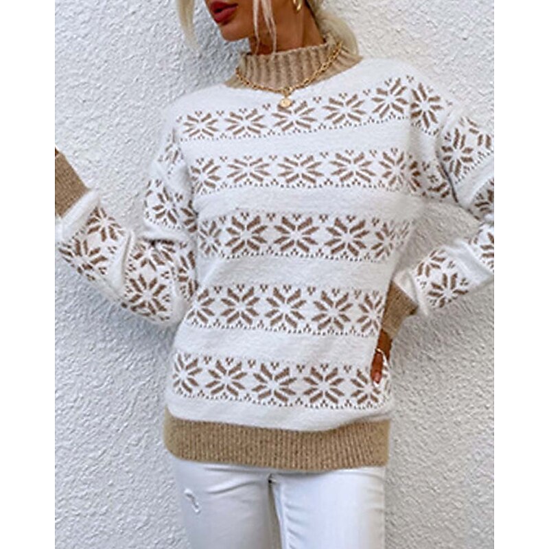 Women's Knitted Snowflake Sweater High Neck Long Sleeve Ribbed Texture White Light Blue Winter Festive Holiday Regular Fit Clothing Apparel 5