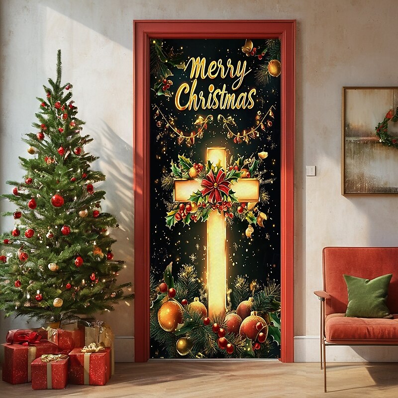 Christmas Door Decorations Door Covers Xmas Cross Nativity Door Tapestry Door Curtain Decoration Backdrop Door Banner for Front Door Farmhouse Holiday Party Decor Supplies Indoor/Outdoor4