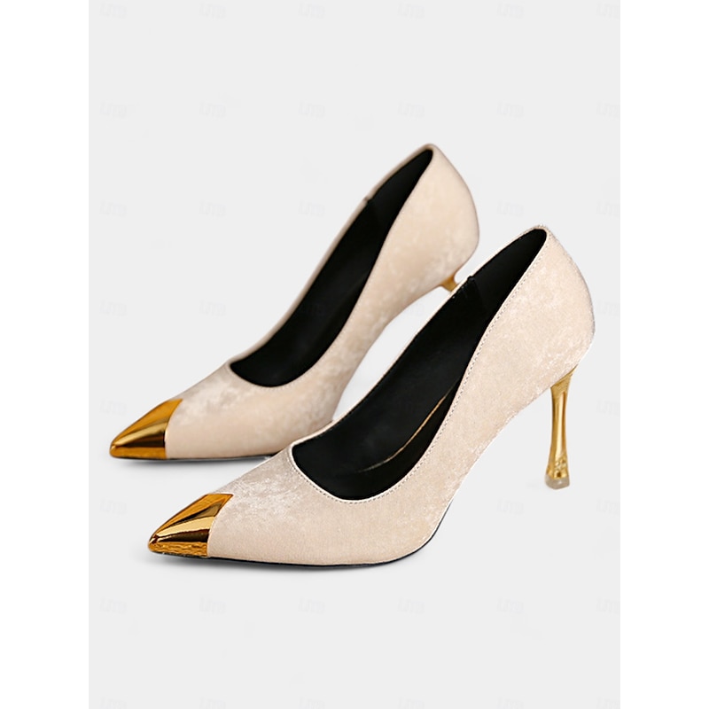Women's Beige Velvet Stiletto Heels with Gold Pointed Toe – Luxury Formal Pumps for Parties & Special Occasions2