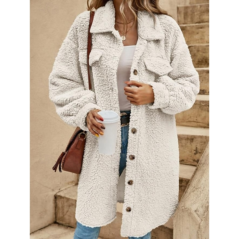 Women's Casual Jacket Street Daily Wear Fall Winter Regular Coat Loose Fit Warm Breathable Comtemporary Stylish Plush Jacket Long Sleeve Solid Color with Pockets Print Light Brown Khaki