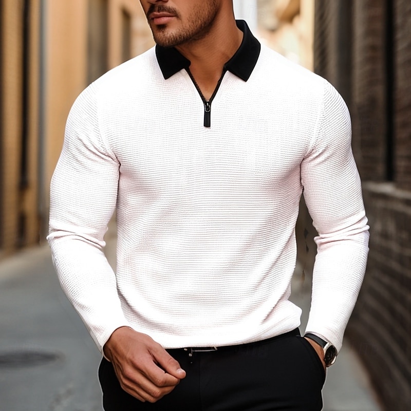 Men's Waffle Polo Shirt Golf Shirt Outdoor Causal Quarter Zip Long Sleeve Fashion Modern Solid Color Knitted Spring &  Fall Standard Fit White Yellow Pink Light Grey Waffle Polo Shirt4