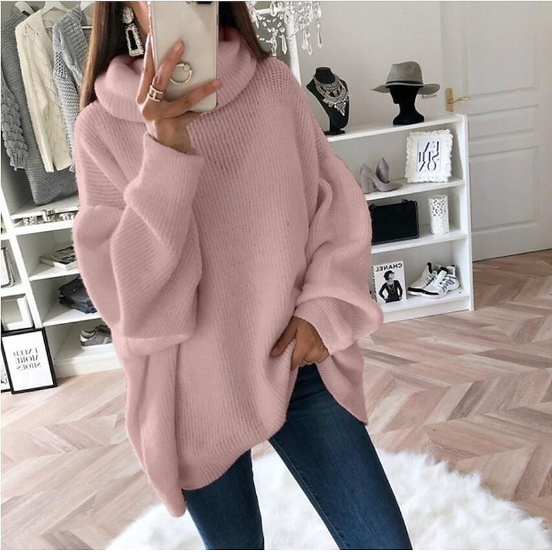 Women's Sweater Streetwear Work Casual Solid Color Turtleneck Knitted Long Sleeve Long Tops Knit Home Black White Fall Winter4