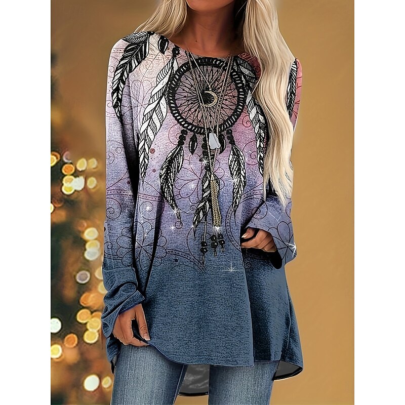 Women's T Shirt Casual Print Long Sleeve Long Tops Crew Neck Daily Purple Fall Winter