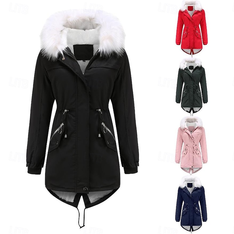 Women's Winter Coat Windproof Warm Zipper Outdoor Solid Color Work Casual Zipper Hoodie Loose Fit Long Sleeve Outerwear Navy Black Pink Winter