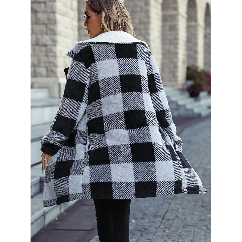 Women's Coat Trench Coat Street Daily Wear Fall Winter Long Coat Loose Fit Warm Breathable Stylish Street Style Jacket Long Sleeve Stripes and Plaid Fur Collar White+Black2