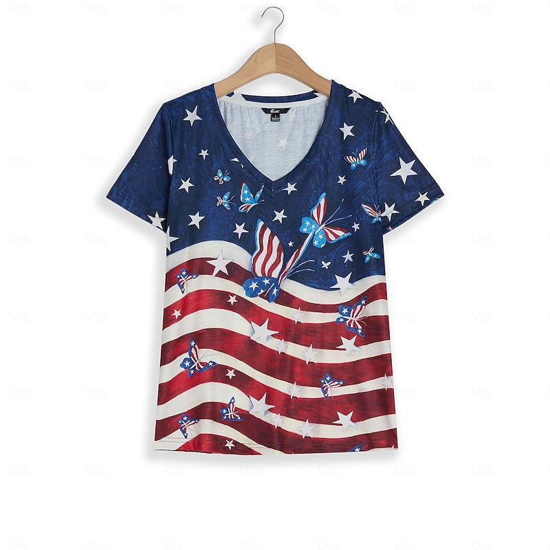 Women's Patriotic  T Shirt American Flag Stylish Casual Red White And Blue Red White And Blue Short Sleeve V Neck Regular Tops Print Blue Summer2