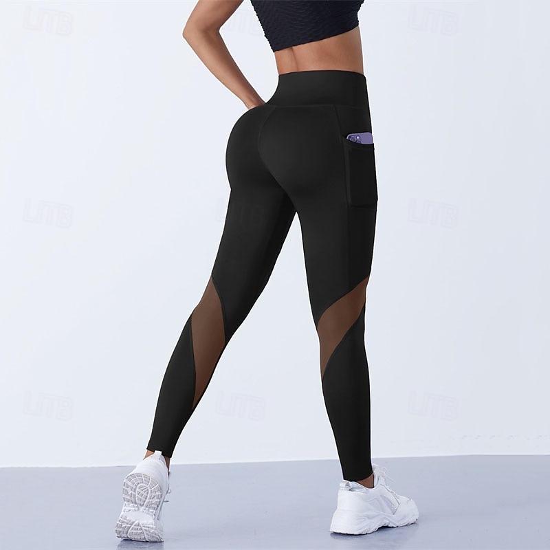 Women's Yoga Pants Yoga Leggings Patchwork Mesh High Waist Pilates Gym Workout Workout Tights Solid Color Black Fall Sports Activewear Stretchy Slim3