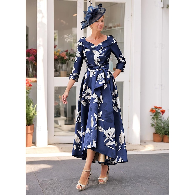 A-Line Mother of the Bride Dress Elegant V Neck Tea Length Satin 3/4 Length Sleeve with Sash / Ribbon Wedding Guest Dress