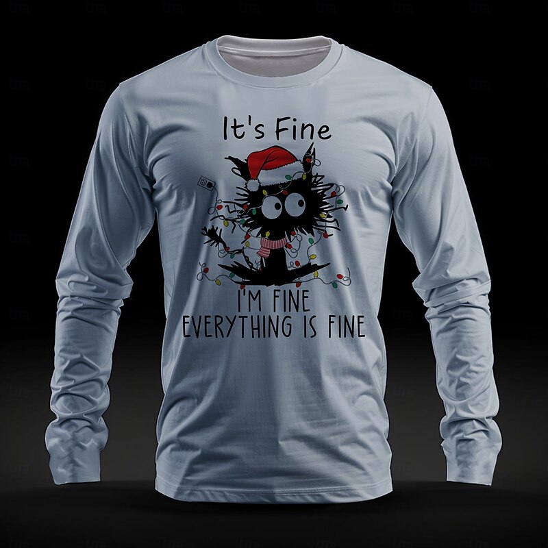 Christmas Men's Cat Hat T Shirt Long Sleeve T shirt 3D Print Crew Neck Shirt Fashion Cartoon Street Casual Blue Khaki Beige Summer Spring Fall Clothing Apparel S M L XL XXL XXXL