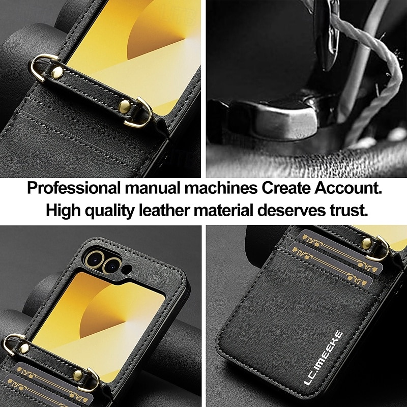 Phone Case For Samsung Galaxy Z Flip 7 Z Flip 6 Z Flip 5 Z Flip 4 Z Flip 3 Back Cover with Lanyard with Wrist Strap Card Slot TPU Metal PU Leather3