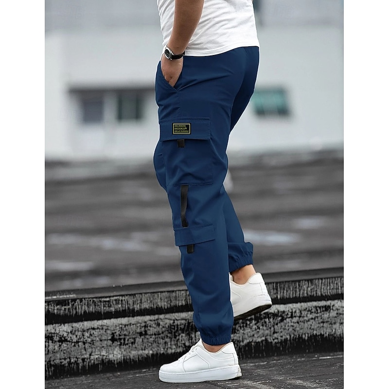 Men's Cargo Pants Joggers Trousers Casual Pants Drawstring Elastic Waist Multi Pocket Plain Comfort Soft Full Length Outdoor Daily Going out Fashion Streetwear Black Blue Micro-elastic2