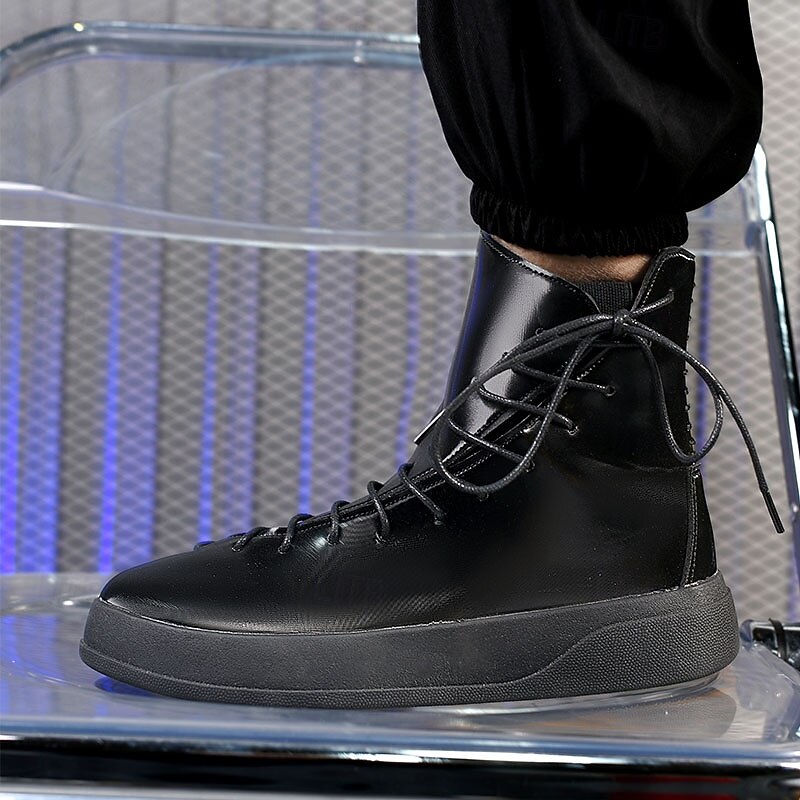 Men's Red Faux Leather High-Top Boots with Side Zipper and Lace-Up Design – Stylish Casual Footwear for Fall and Winter 24