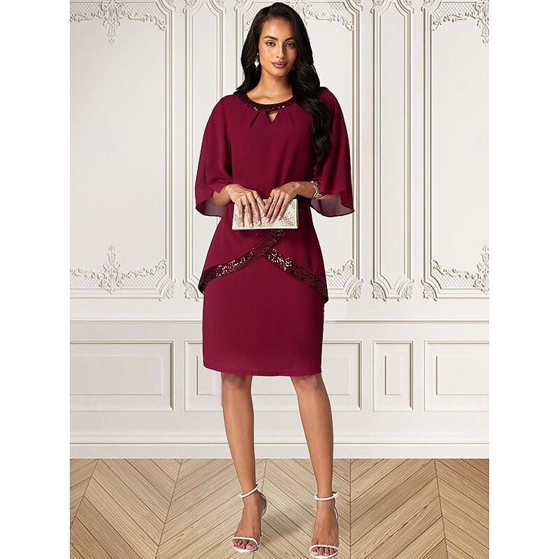 Women's Midi Dress Burgundy with Asymmetric Sequin Overlay Round Neckline V-Notch Detail Three-Quarter Length Split Sleeves Non-Stretch Elegant Evening Cocktail Party Knee-Length Various Sizes2