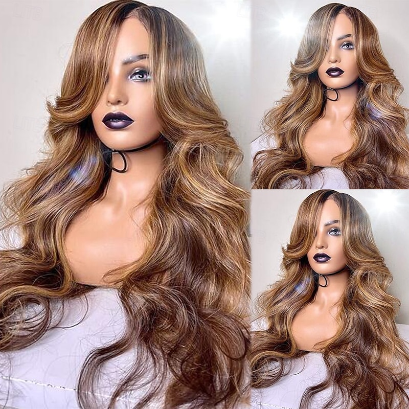 Human Hair 13x4 Lace Front Wig Side Part With Bangs Brazilian Hair Body Wave Multi-color Wig 130% 150% Density with Baby Hair Highlighted / Balayage Hair Glueless Pre-Plucked For Women Long Human4