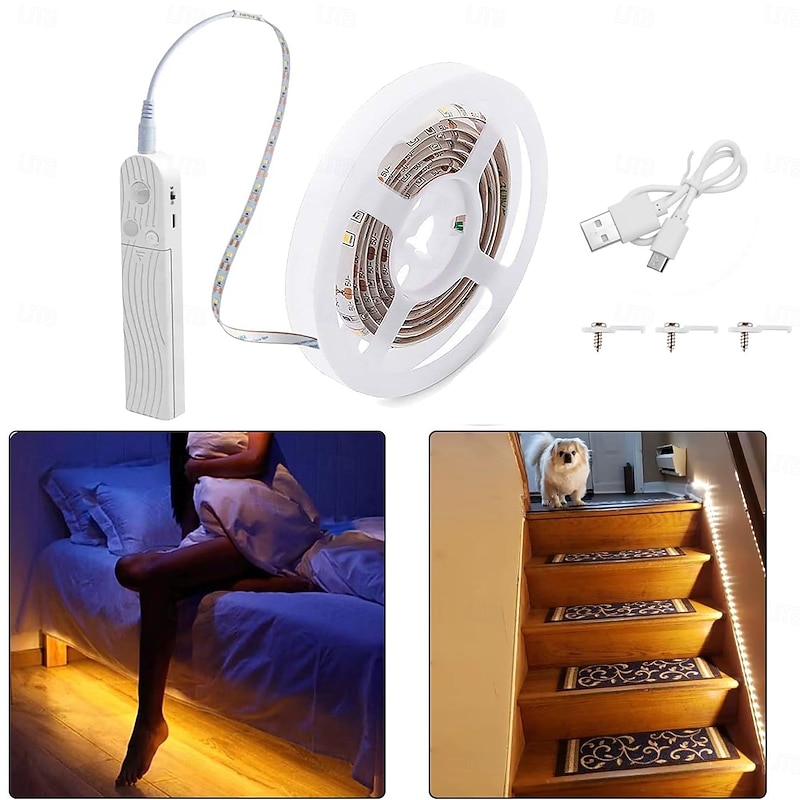 Motion Sensor LED Light Strip 1-2.5 Meters, Rechargeable Battery Box, Indoor Motion-Activated Light for Wardrobes, Stairs, Cabinets, Counters, and Beds (Batteries Not Included)