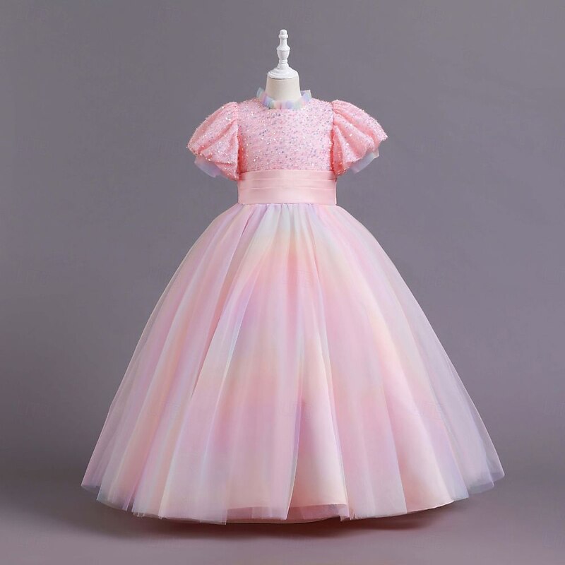 Kids Girls' Party Dress Solid Color Short Sleeve Special Occasion Princess Polyester Party Dress Summer Spring 2-12 Years 4 years+ Champagne Pink Blue4