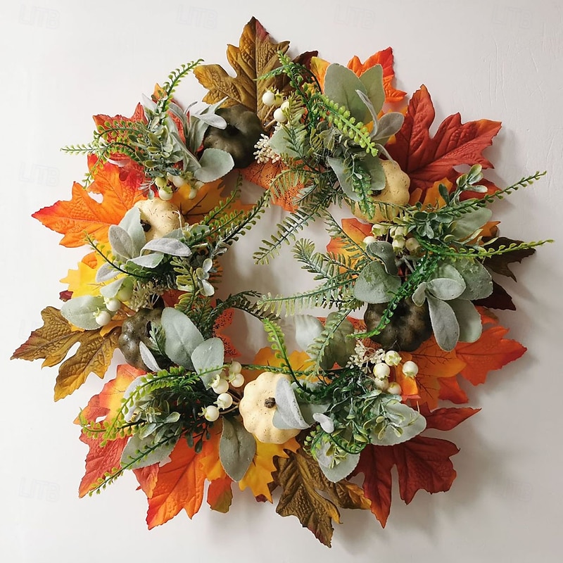 Fall Decor - 45cm Fall Wreaths for Front Door - Autumn Artificial Pumpkin Eucalyptus Maples Leaf Wreath - Rustic Fall Thanksgiving Decorations for Home Outdoor Mantel Window Wall