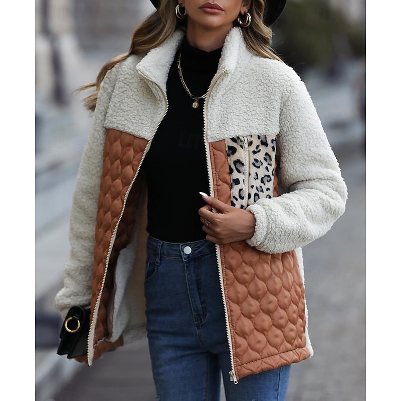 Women's Trench Coat Going out Fall Winter Long Coat Regular Fit Warm Breathable Stylish Casual Jacket Long Sleeve Leopard Slim Fit Wine Army Green Coffee