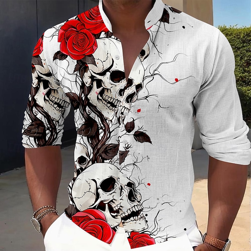 Men's Halloween Costumes Day of the Dead Rose Button Up Shirt Long Sleeve Horror Dark Vacation Party Evening Wear Daily Summer Spring &  Fall Grandad Collar Band Collar 3D Print Rose+Black Violet Red