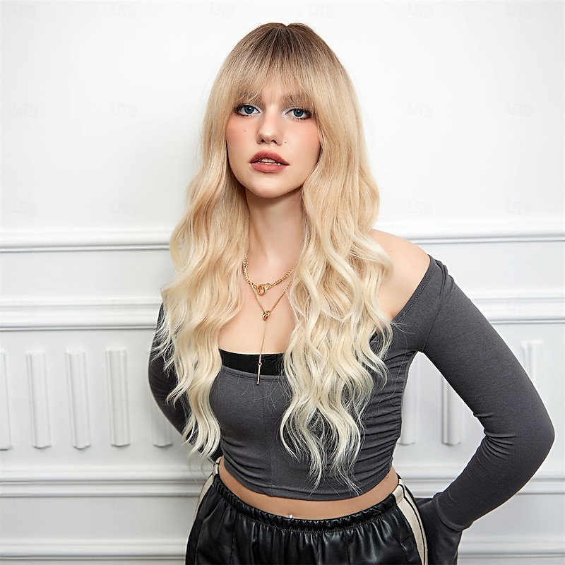 Synthetic Wig Curly Wavy Neat Bang With Bangs Machine Made Wig 26 inch Light Blonde Synthetic Hair Women's Cute Cosplay Party Blonde2