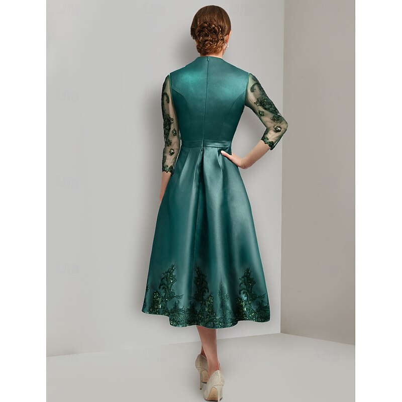 A-Line Mother of the Bride Dress Elegant Vintage V Neck Tea Length Satin 3/4 Length Sleeve with Lace Solid Color2