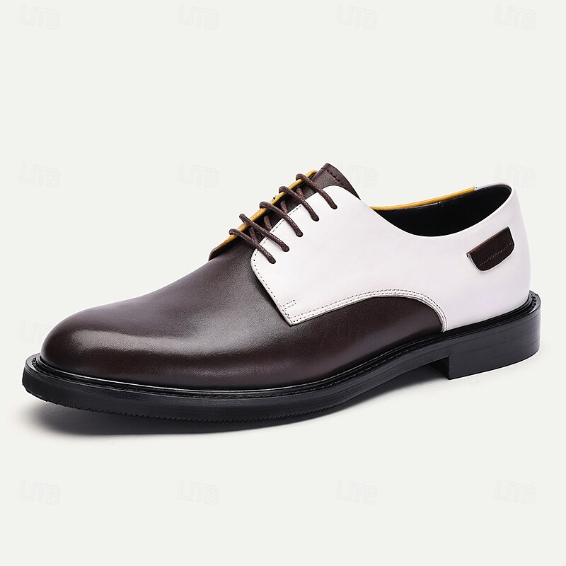 Men's Tri-Color Leather Oxford Shoes, Brown, White, and Yellow Lace-Up Dress Shoes, Perfect for Formal Events and Stylish Business Attire3