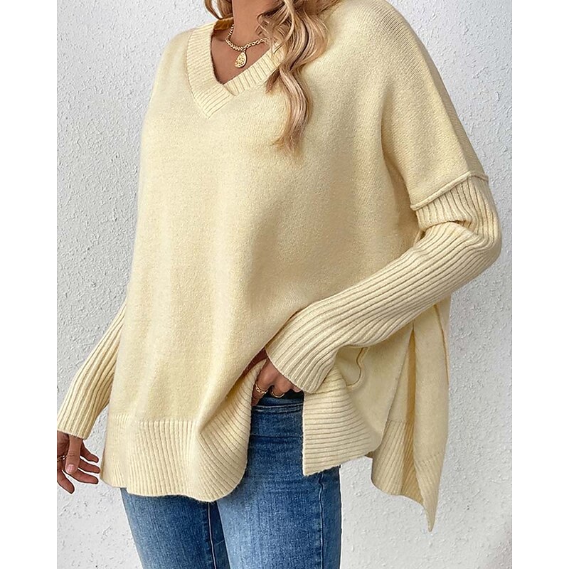 Women's Sweater Elegant Fashion Daily Solid Color V Neck Knitted Long Sleeve Long Tops Knit Work Black Yellow Fall Winter4