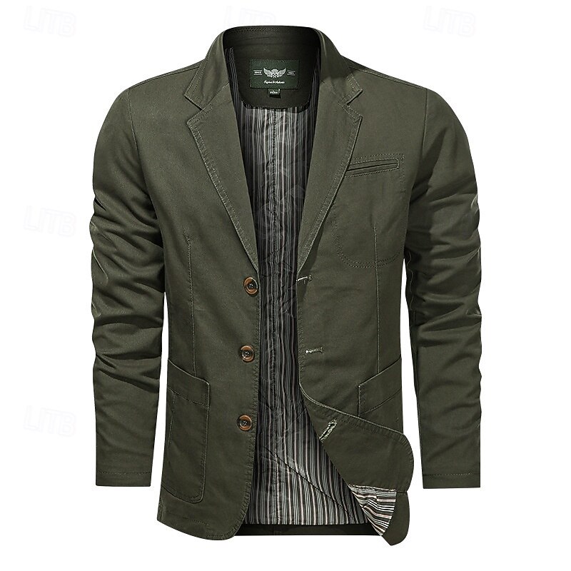 Men's Blazer Business Cocktail Party Wedding Party Fashion Casual Spring &  Fall 100% Cotton Plain Pocket Buttons Comfortable Single Breasted Blazer Black khaki Army Green2