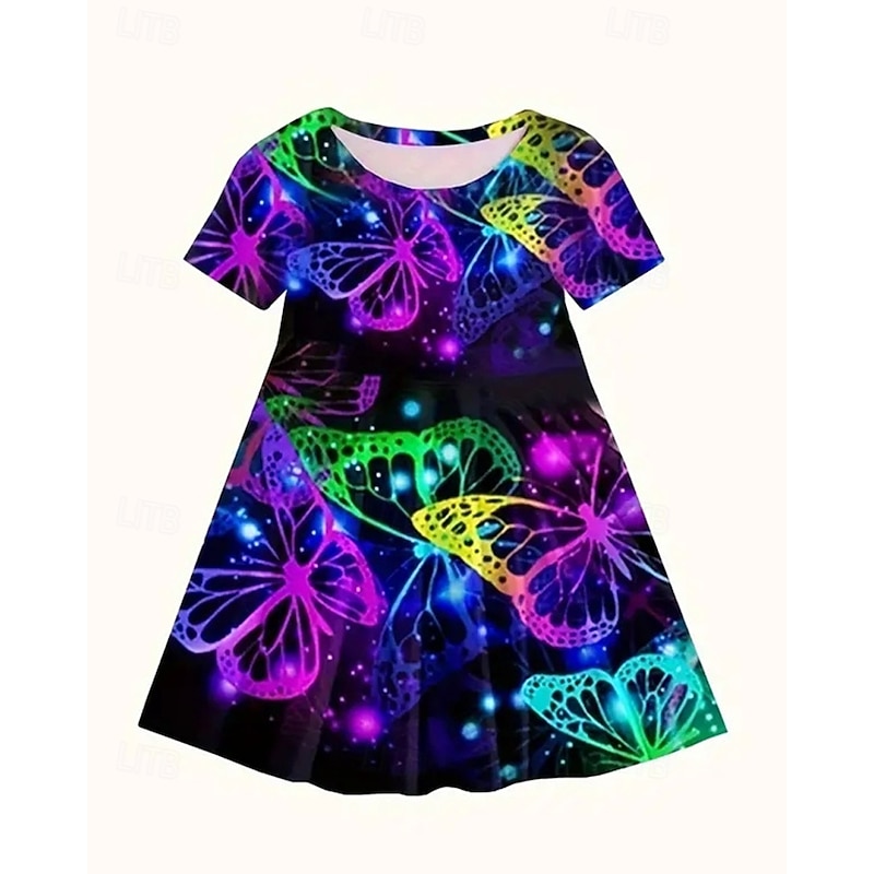 Girls' 3D Graphic Butterfly Dress Short Sleeve Summer Spring Vacation Daily Holiday Beautiful Sweet Kids 4-12 Years Casual Dress A Line Dress Knee-length Regular Fit2