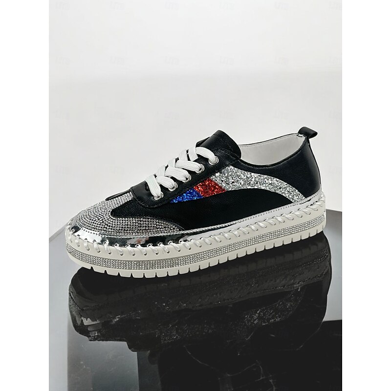 Women's Glitter-Accented Black Lace-Up Sneakers – Rhinestone Embellished, Colorful Casual Athletic Shoes for Fashionable Everyday Wear