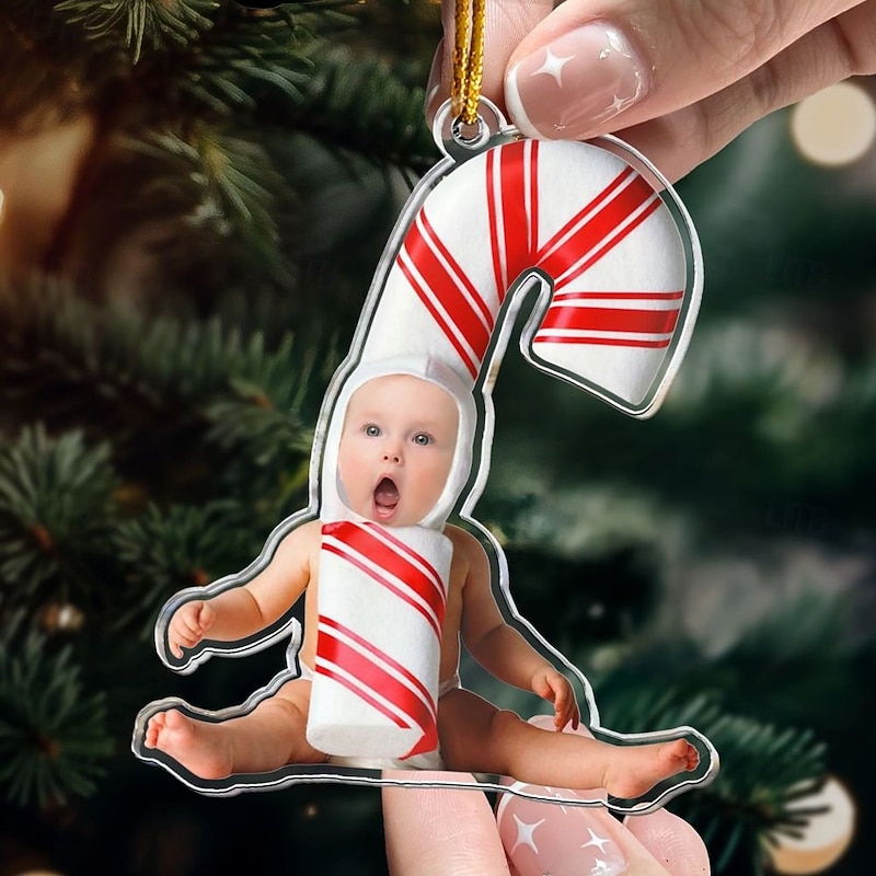 Personalized Photo Christmas Ornaments Acrylic 2D Custom Peppermint Candy Cane Baby Face Cane Candy Christmas Tree Ornaments Xmas Decoration Hanging Pendant Gifts