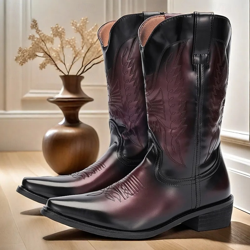 Men's Black and Burgundy Faux Leather Cowboy Boots with Embroidered Design - Classic Western Boots for Rodeo and Outdoor Wear