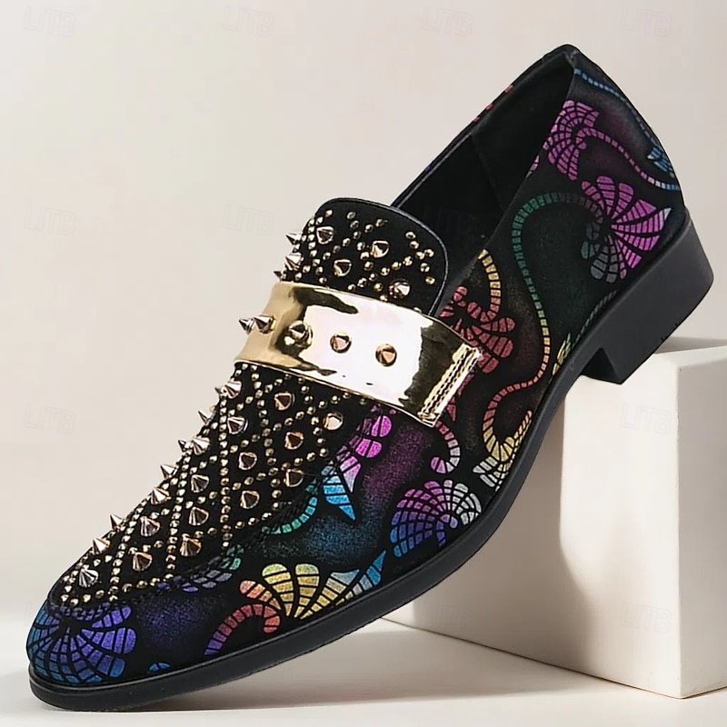 Men's Gothic Style Loafers – Gold Studded Velvet Dress Shoes with Multicolor Paisley Pattern and Metal Buckle