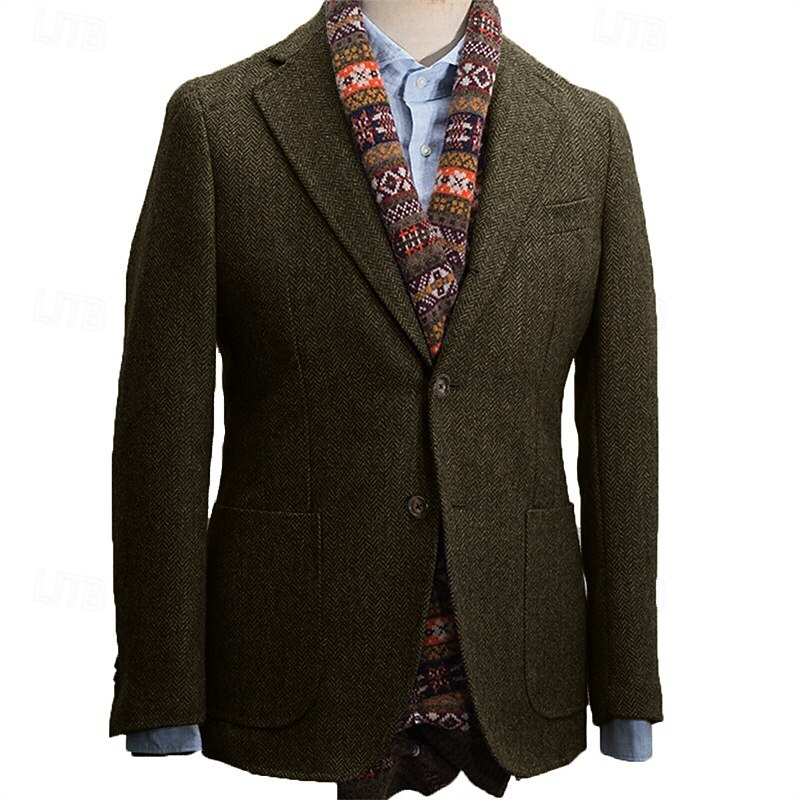 Men's Blazer Jacket Notch Collar Vintage Office Herringbone ArmyGreen Black khaki Tailored Fit Single Breasted Two-buttons