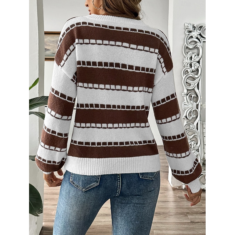 Women's Sweater Casual Graphic Striped Crew Neck Knitted Long Sleeve Regular Tops Knit Home Work Daily Black Brown Fall Winter2