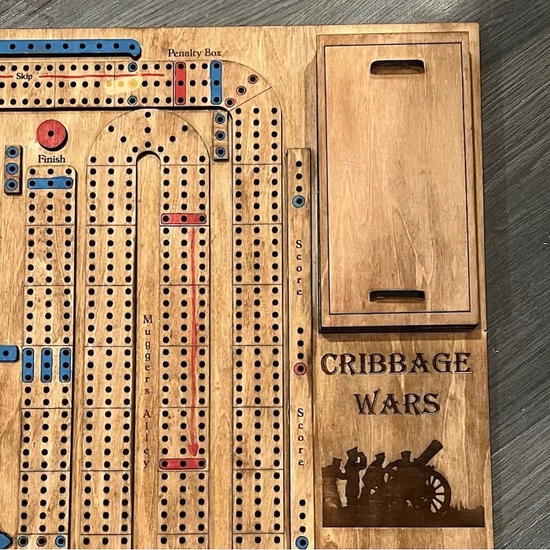 Cribbage Wars Board Game 2025 New Wooden Cribbage Set with Fun Twists, Time Warps & Traps Family-Friendly Traditional Game with Storage for Cards and Pegs3