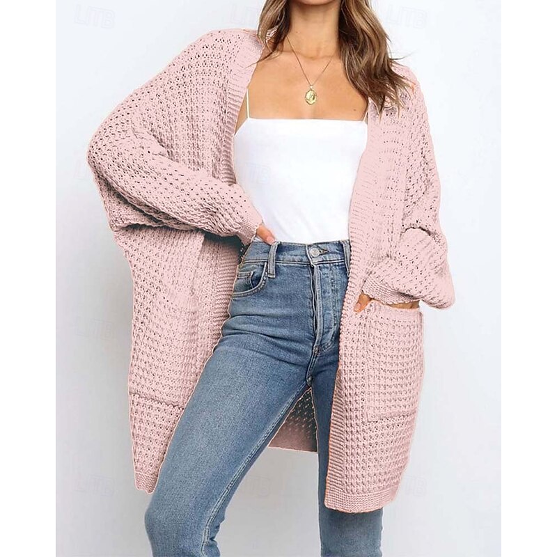 Women's Sweater Casual Solid Color Chunky Open Front Knitted Textured Long Sleeve Long Tops Knit Home Work Pink Gray Fall Winter4