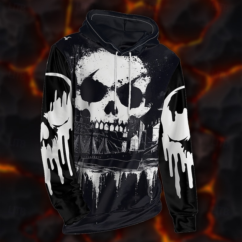 Men's Graphic Dark Hoodie Hoodies Sweatshirt Vacation Daily Long Sleeve Hooded Vacation Sports Outdoor Going out Black Printing Winter Spring &  Fall Designer