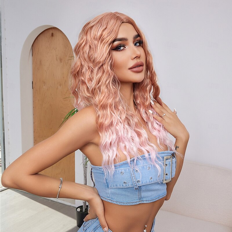 Synthetic Wig Uniforms Career Costumes Princess Curly Deep Curly Middle Part Layered Haircut With Bangs Machine Made Wig 26 inch Gold Pink Synthetic Hair Women's Cosplay Party Fashion Pink2