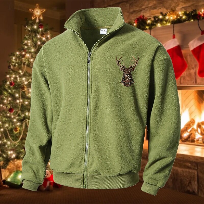 Men's Polar Fleece Jacket Casual Jacket Daily Vacation Warm Pocket Fall & Winter Reindeer Fashion Casual Stand Collar Regular Black Green Beige Gray Jacket