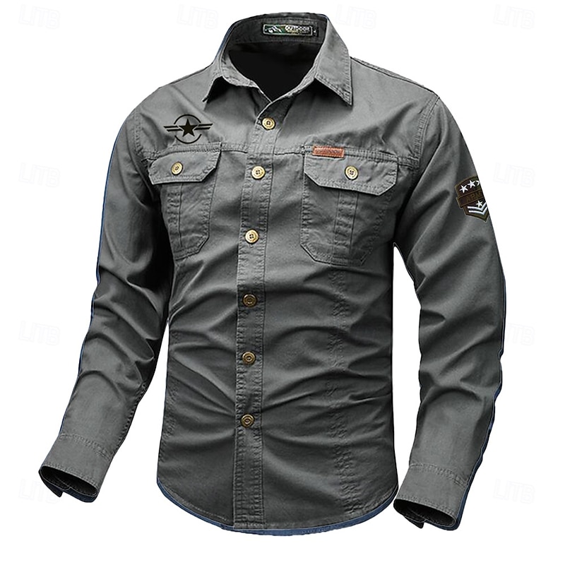 Men's Solid Color Work Shirt Western Shirt Cargo Shirt Long Sleeve Casual Tactical Sports & Outdoor Going out Winter Spring &  Fall Turndown Print Black White Red Blue Khaki4