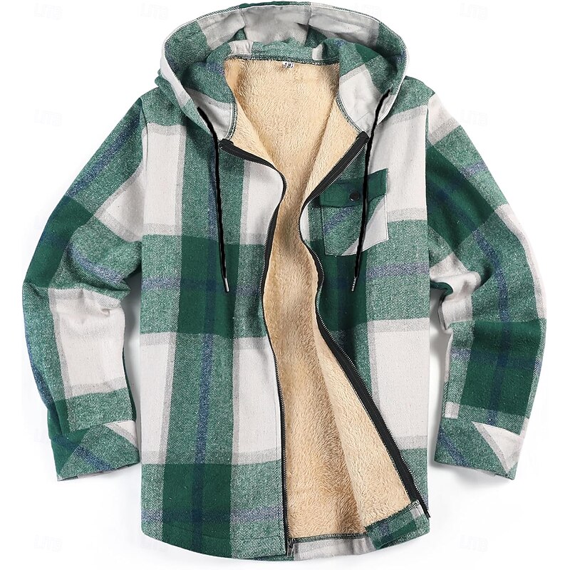 Men's Shirt Jacket Hoodied Jacket Shacket Flannel Fleece Jacket Daily Vacation Thermal Warm Hooded Fall & Winter Plaid Checkered Fashion Streetwear Lapel Regular Black Dark Red Light Green Red Blue4