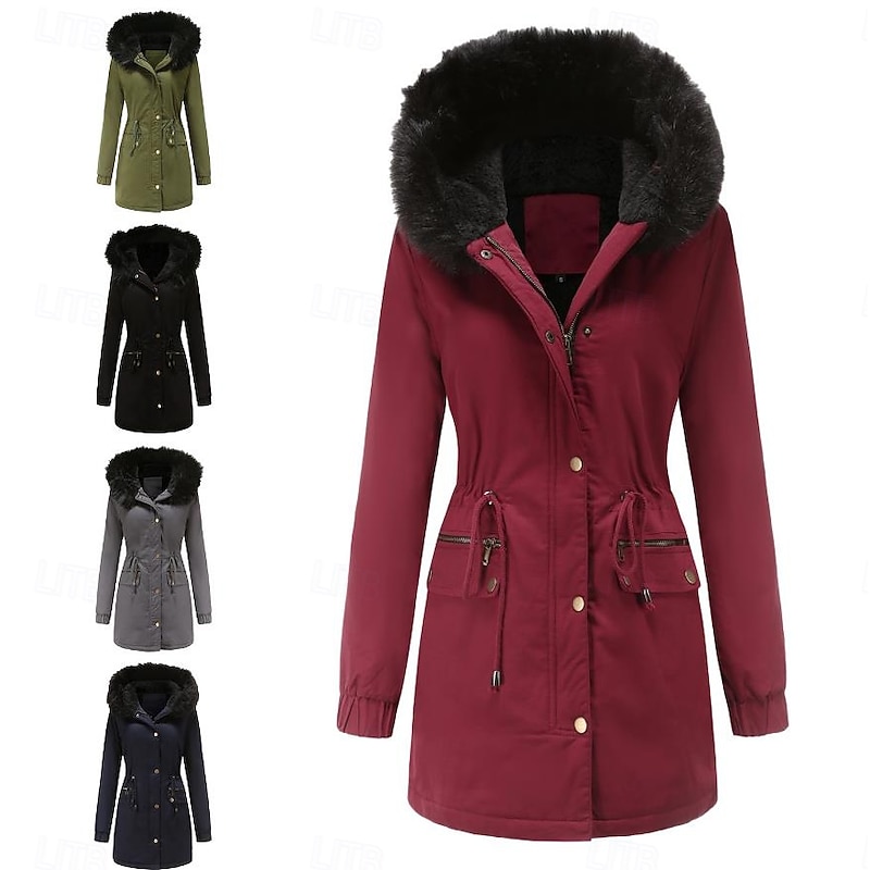 Women's Winter Coat Windproof Warm Zipper Buttons Outdoor Solid Color Work Casual Single Breasted Hoodie Loose Fit Long Sleeve Outerwear Navy Red Green Winter