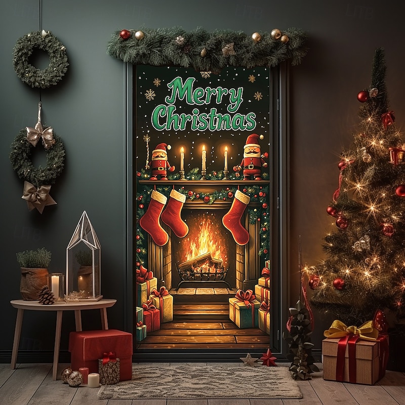 Christmas Door Decorations Door Covers Fireplace Xmas Door Tapestry Door Curtain Decoration Backdrop Indoor/Outdoor Door Banner for Front Door Farmhouse 6