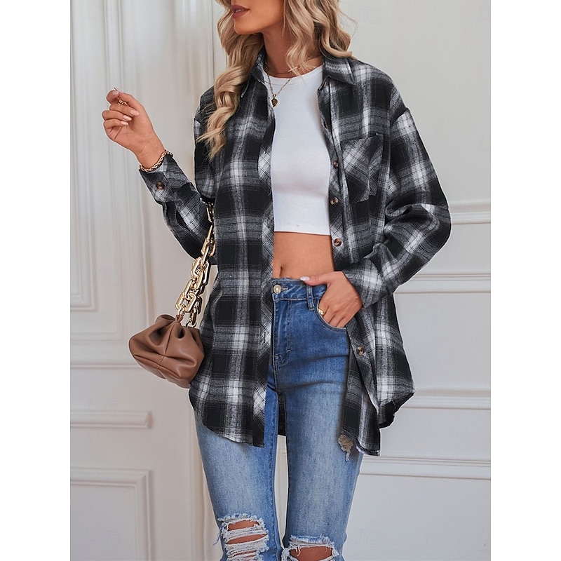 Women's Shirt Jacket Shacket Warm Breathable Buttons Pocket Print Casual Plaid Vacation Street Daily Wear Going out Single Breasted Regular Turndown Regular Fit Long Sleeve Outerwear Black Red Green3