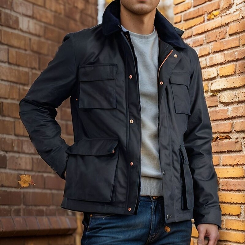 Men's Lightweight Jacket Trucker Jacket Casual Jacket Daily Vacation Thermal Warm Pocket Spring &  Fall Plain Fashion Classic Stand Collar Regular Black Navy Blue Jacket