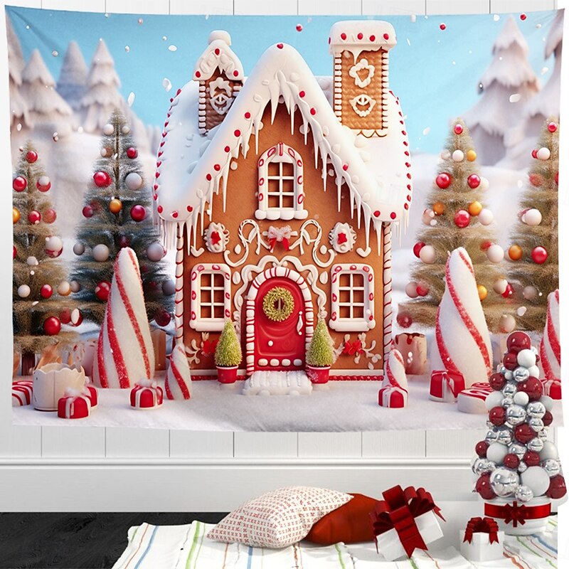 Christmas Decorations Hanging Tapestry Wall Art Xmas Gingerbread Candy Cane Large Tapestry Mural Decor Photograph Backdrop Blanket Curtain Home Bedroom Living Room3