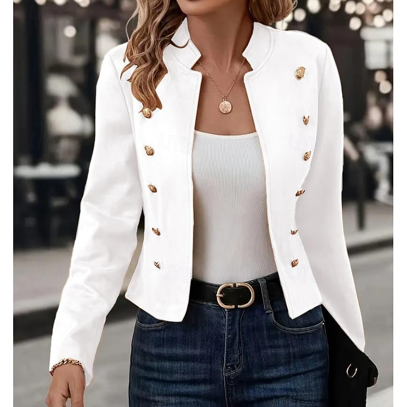 Women's Blazer Outdoor Stand Collar Buttons Solid Color Breathable Fashion Regular Fit Outerwear Long Sleeve Fall Black S3