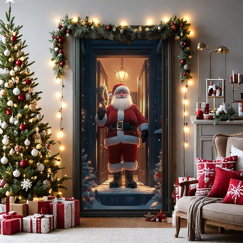 Christmas Door Decorations Door Covers Xmas Santa Standing Door Tapestry Door Curtain Decoration Backdrop Door Banner for Front Door Farmhouse Holiday Party Decor Supplies Indoor/Outdoor2